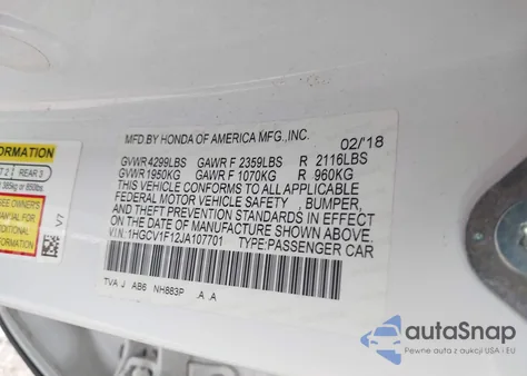 2018 Honda Accord Lx from USA, damaged, VIN 1HGCV1F12JA107701